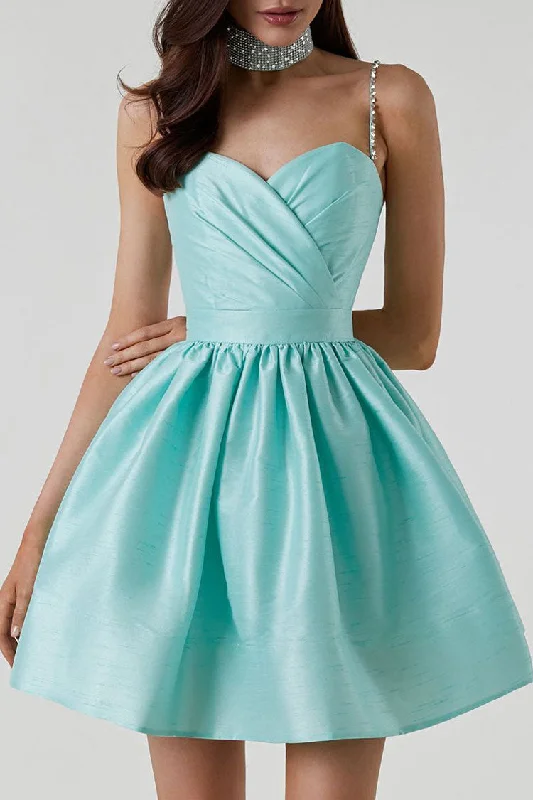 Silky Sweetheart Spaghetti Strap Pleated Satin Skater Mini Dress - Teal Elegant Satin Mini Dress