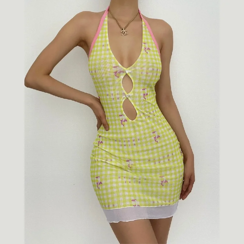 Sheer mesh plaid contrast print halter ruffle backless mini dress Fashionable Off-Shoulder Mini Dress