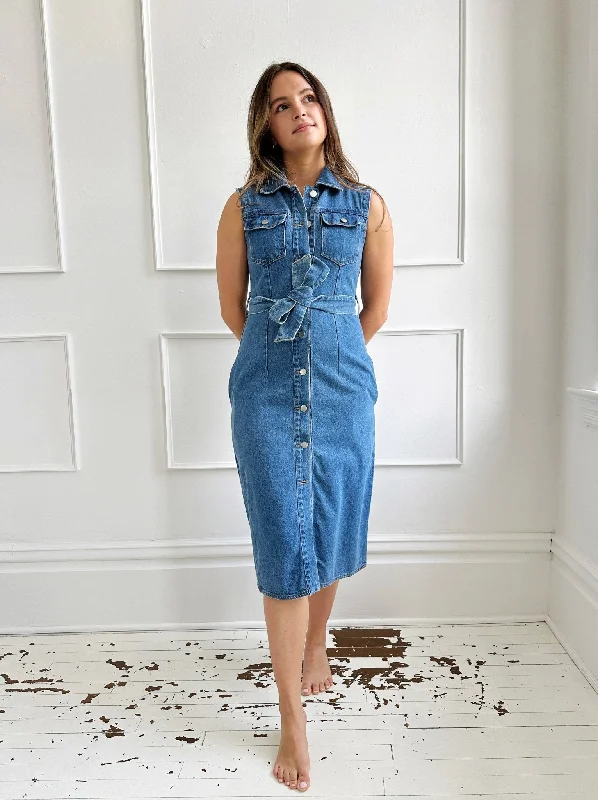 Sleeveless Denim Midi Dress - FINAL SALE Fashionable Sheer Sleeve Midi Dress