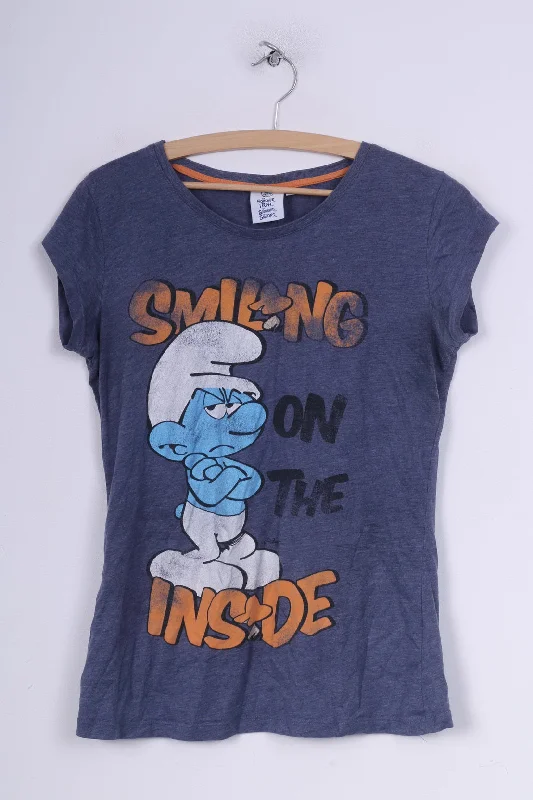 Smiling On The Inside Womens 14 L Shirt Graphic  Smurfs Blue Cotton Elegant Lace Short Sleeve