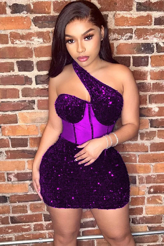 Sparkly One Shoulder Mesh Velvet Sequin Bodycon Party Mini Dress - Purple Comfortable Bodycon Mini Dress