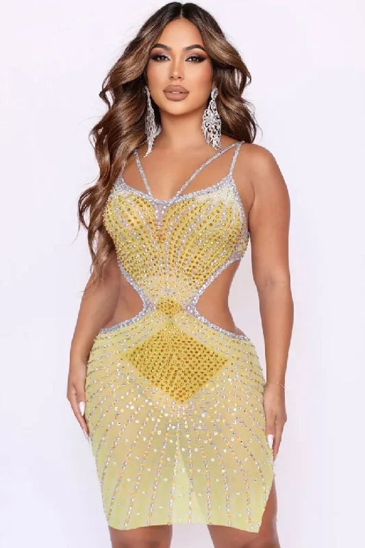 Sparkly Rhinestone V Neck Sheer Mesh Cutout Party Mini Dress - Yellow Trendy Tulle Mini Dress