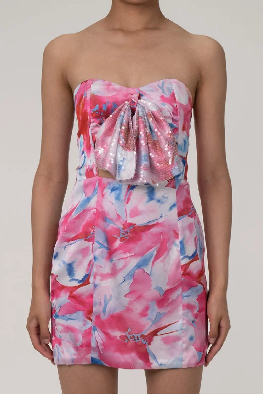 Sparkly Sequin Bow Cutout Floral Print Strapless Sheath Party Mini Dress Chic Halter Mini Dress