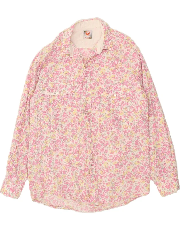 STEFANEL Womens Shirt UK 16 Large Pink Floral Cotton Soft Cotton Short Shirt