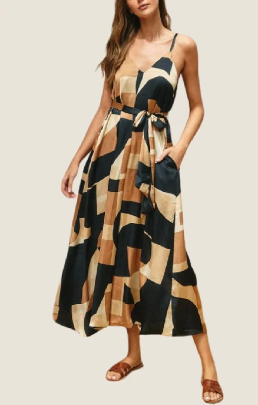 Tanaia Black Abstract Midi Dress Comfortable Wrap Midi Dress