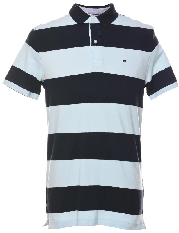 Tommy Hilfiger Navy & Light Blue Striped Polo Shirt - L Comfortable Short Sleeve Tee Tommy Hilfiger Navy & Light Blue Striped Polo Shirt - L Comfortable Short Sleeve Tee