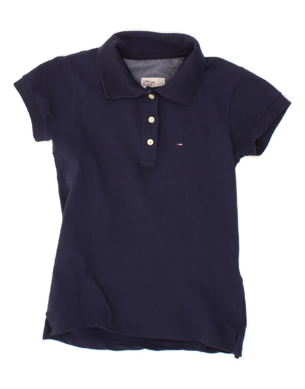 TOMMY HILFIGER Womens Polo Shirt UK 12 Medium Navy Blue Cotton Trendy Print Short Sleeve