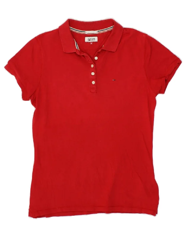 TOMMY HILFIGER Womens Polo Shirt UK 12 Medium Red Cotton Classic Button-Up Short Tee