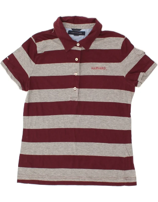 TOMMY HILFIGER Womens Polo Shirt UK 14 Large Maroon Striped Cotton Trendy Short Sleeve Tunic