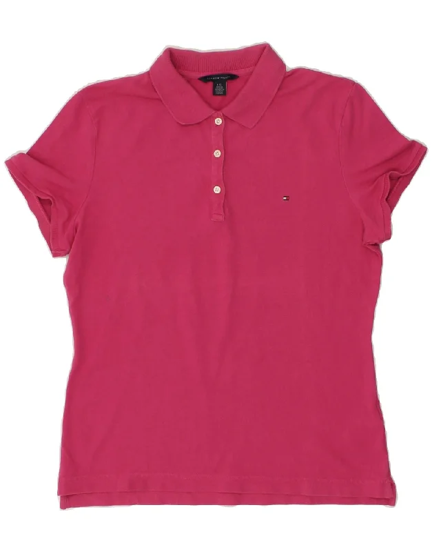 TOMMY HILFIGER Womens Polo Shirt UK 14 Large Pink Cotton Cozy Printed Short Shirt