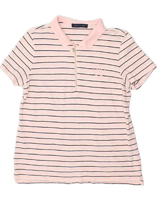 TOMMY HILFIGER Womens Polo Shirt UK 14 Medium Pink Striped Cotton Stylish Split-Hem Short Shirt