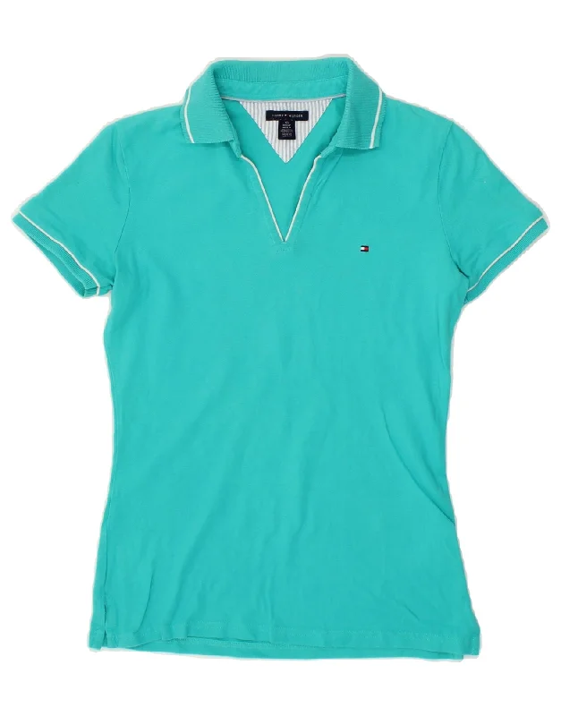 TOMMY HILFIGER Womens Polo Shirt UK 6 XS Turquoise Cotton Stylish Split-Hem Short Shirt