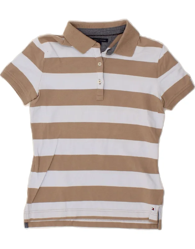 TOMMY HILFIGER Womens Polo Shirt UK 8 Small Beige Striped Cotton Comfortable Short Sleeve Blouse