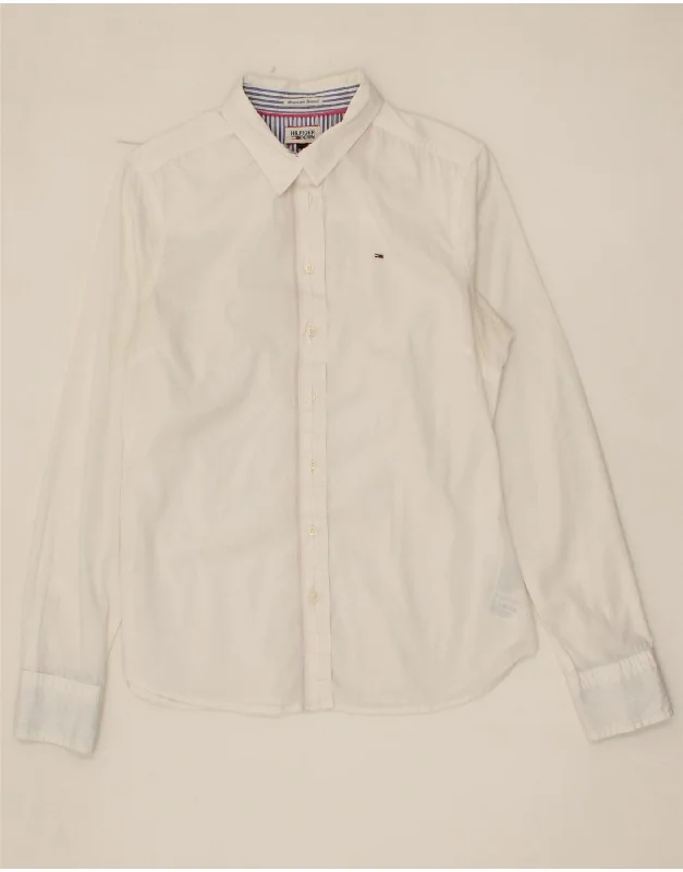 TOMMY HILFIGER Womens Shirt UK 14 Medium White Cotton Trendy Button-Front Short Sleeve