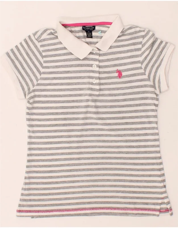 U.S. POLO ASSN. Womens Polo Shirt UK 12 Medium Grey Striped Cotton Stylish Crew Neck Shirt