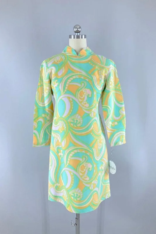 Vintage Aqua Mod Paisley Print Mini Dress Comfortable Casual Mini Dress