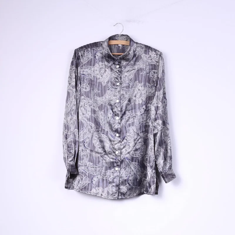 Vintage Women 12 38 Casual Shirt Gray Shiny Shoulder Pads Baroque Print Top Elegant Button-Down Short Shirt