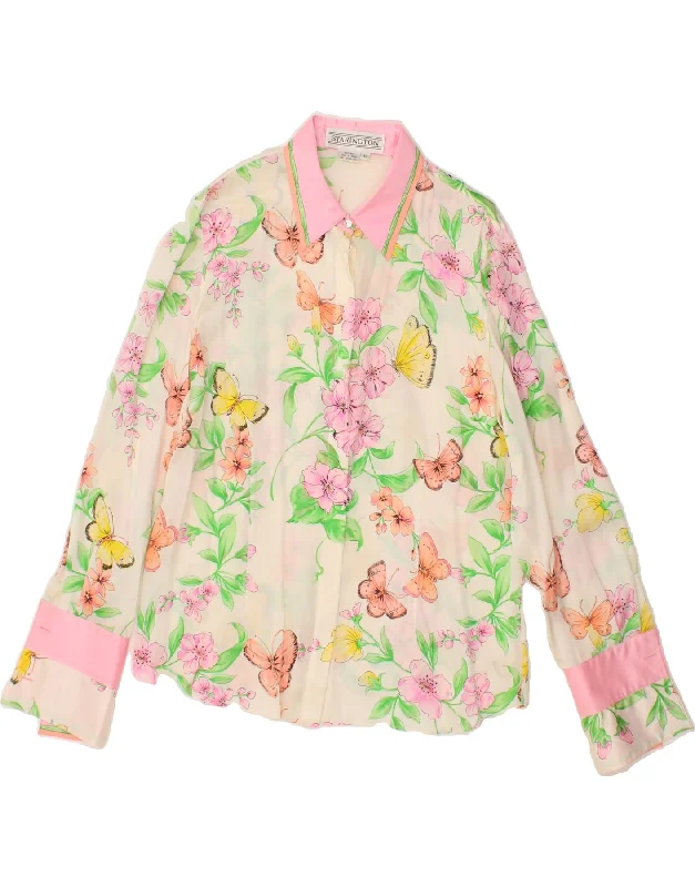 VINTAGE Womens Shirt Blouse UK 10 Small Pink Floral Butterfly Comfortable Loose Short Sleeve