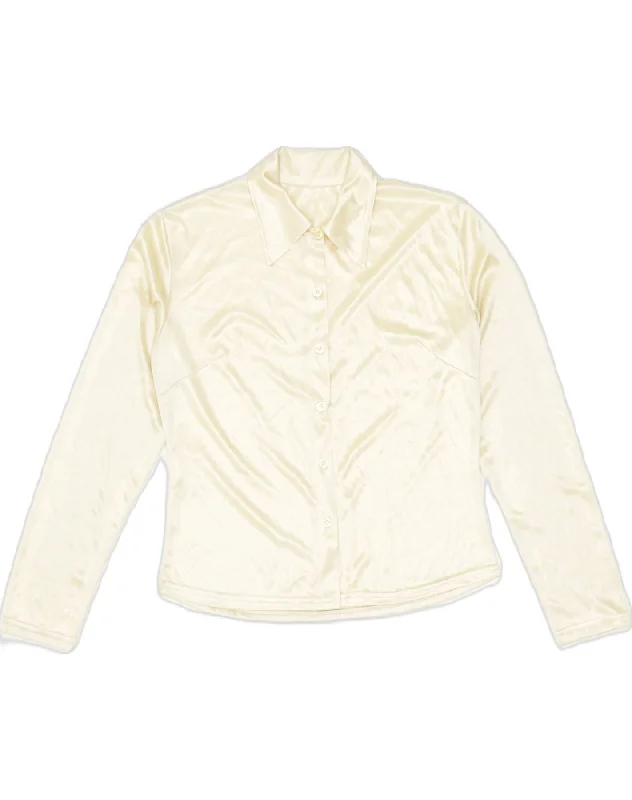 VINTAGE Womens Shirt Blouse UK 14 Medium Off White Polyester Relaxed Button-Down Short Shirt VINTAGE Womens Shirt Blouse UK 14 Medium Off White Polyester Relaxed Button-Down Short Shirt