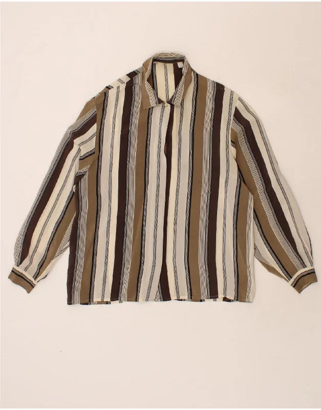 VINTAGE Womens Shirt Blouse UK 16 Large Brown Striped Silk Classic Button-Up Short Tee