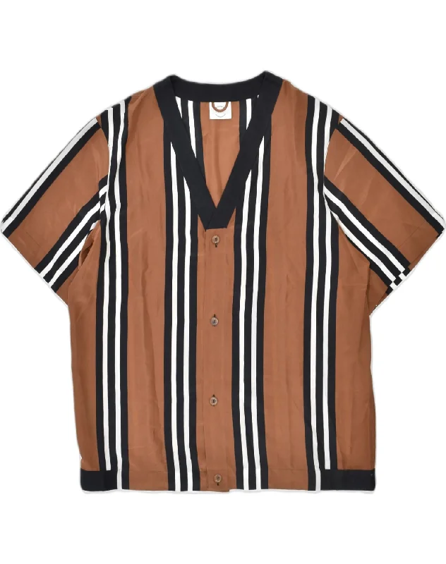 VINTAGE Womens Shirt Blouse US 14 XL Brown Striped Polyester Fashionable Tied Short Sleeve VINTAGE Womens Shirt Blouse US 14 XL Brown Striped Polyester Fashionable Tied Short Sleeve
