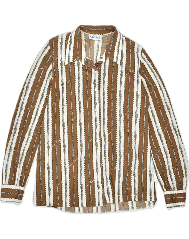 VINTAGE Womens Shirt UK 14 Medium Brown Striped Polyester Chic Silk Short Sleeve Shirt VINTAGE Womens Shirt UK 14 Medium Brown Striped Polyester Chic Silk Short Sleeve Shirt