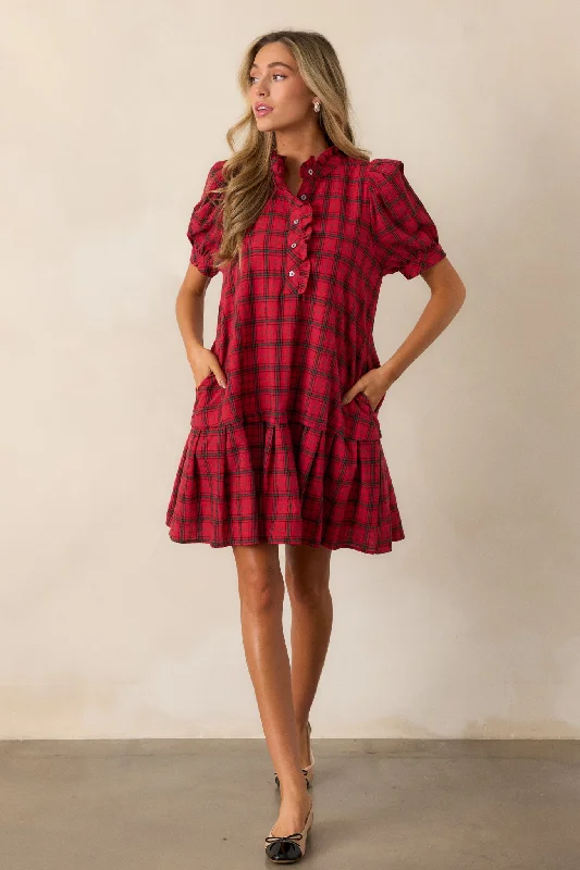 Warmth from Within 100% Cotton Red Plaid Mini Dress Cozy Jersey Mini Dress