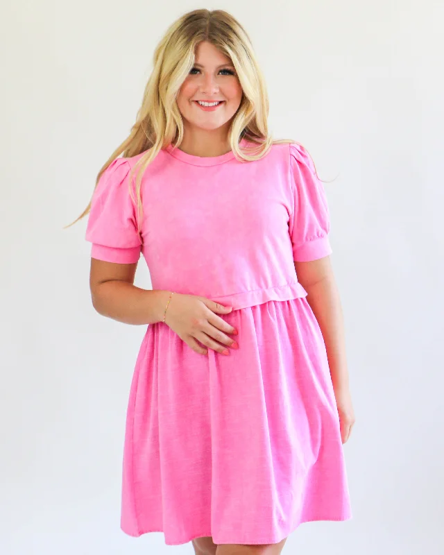 Washing Cotton Mini Dress in Pink Fashionable A-Line Mini Dress