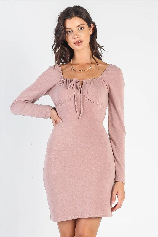 Dusty-Mauve Bust Self-Tie Cut-Out Long Sleeve Mini Dress /3-2-1 Comfortable Wrap Mini Dress