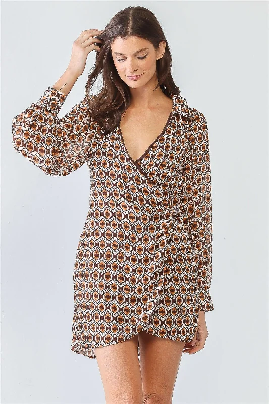 Retro Printed Wrap Self-Tie Long Sleeve Mini Dress Fashionable A-Line Mini Dress