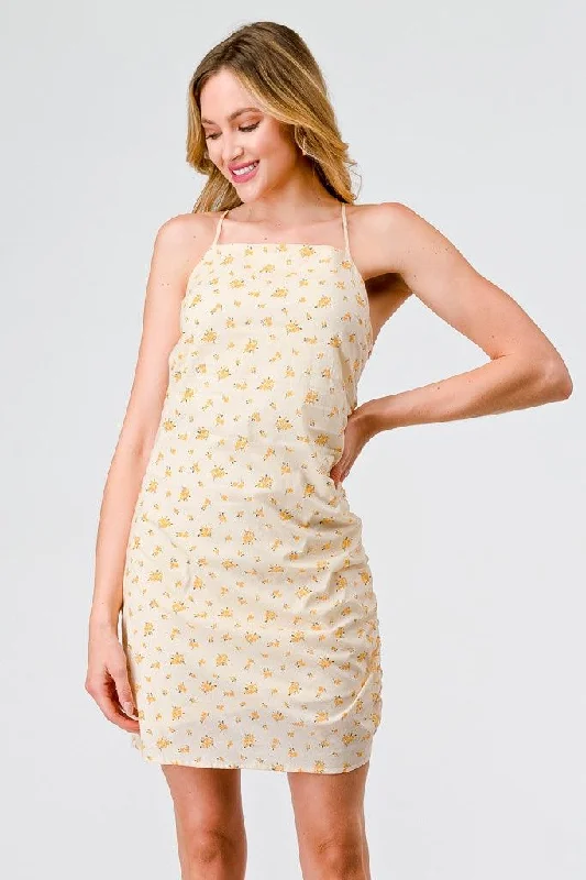 Yellow Ditsy Cotton Strappy Ruched Mini Dress /3-2-1 Casual Button-Up Mini Dress