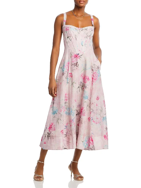 Womens Corset Top Floral Print Midi Dress Cozy Wide Strap Midi Dress