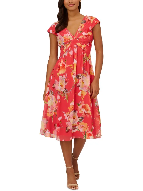 Womens Floral Print Polyester Midi Dress Elegant Pleated Detail Midi Dress