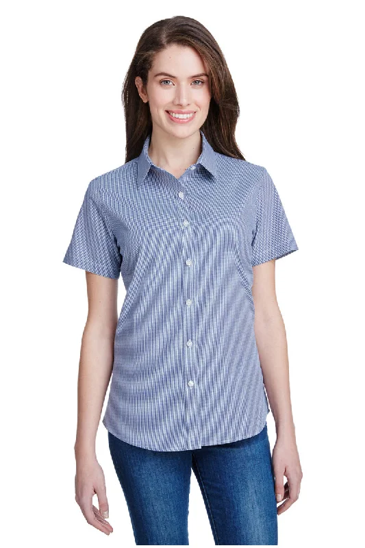 Women's Microcheck Short Sleeve Cotton Shirt (Navy / White) Comfortable Summer Short Shirt Women's Microcheck Short Sleeve Cotton Shirt (Navy / White) Comfortable Summer Short Shirt