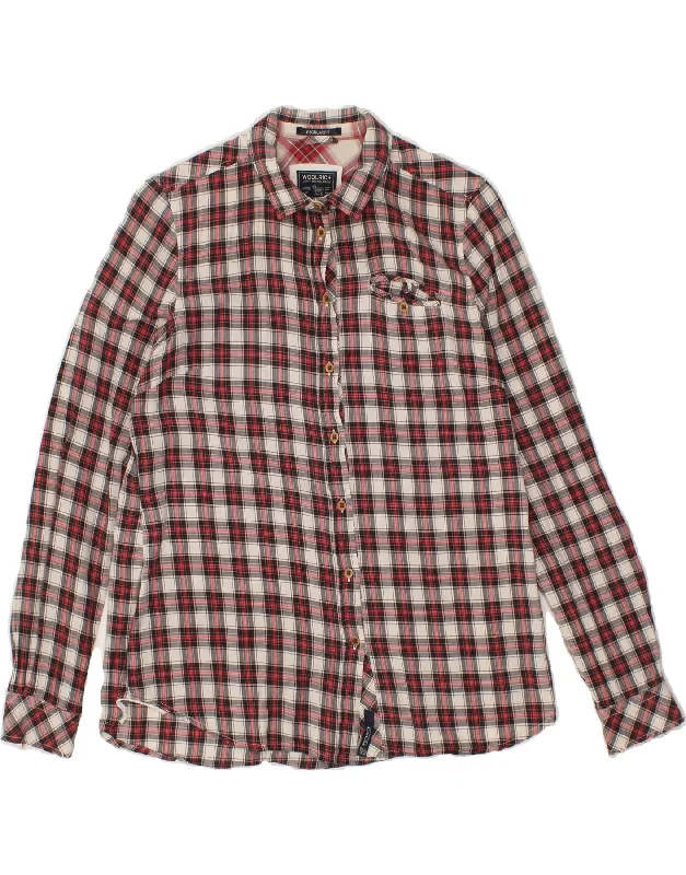 WOOLRICH Womens Shirt UK 14 Medium Red Check Chic V-Neck Short Blouse