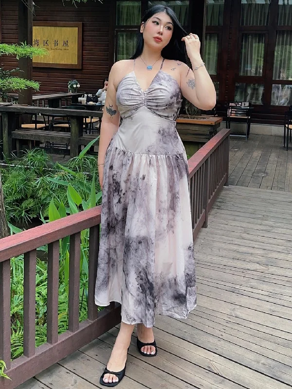 Yuna Plus Size Grey Tie Dye V-Neck Spaghetti Strap Halter Long Midi Dress Fashionable Pencil Midi Dress