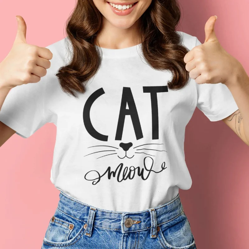 Cat Meow Round Neck Half Sleeve Classic T-Shirt Collared Crew Neck Turtle Neck