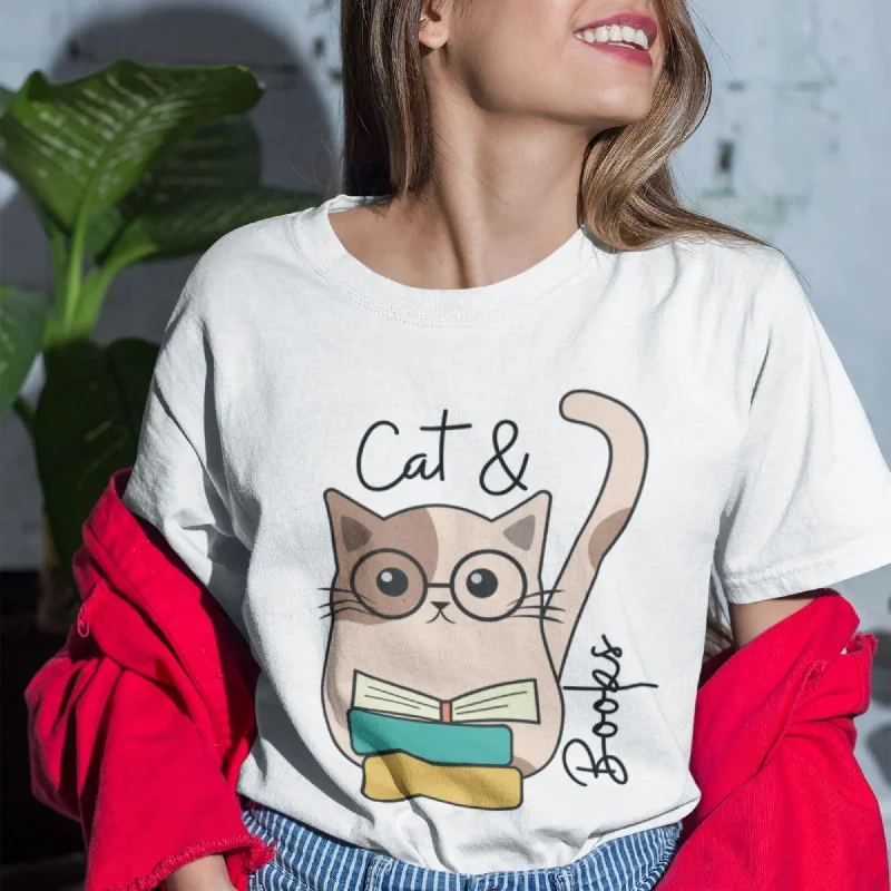 Cat & Books Round Neck Half Sleeve Classic T-Shirt Welt Pockets Slit Pockets