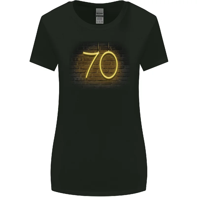 70th Birthday Neon Lights 70 Year Old Womens Wider Cut T-Shirt Mesh Canvas Denim