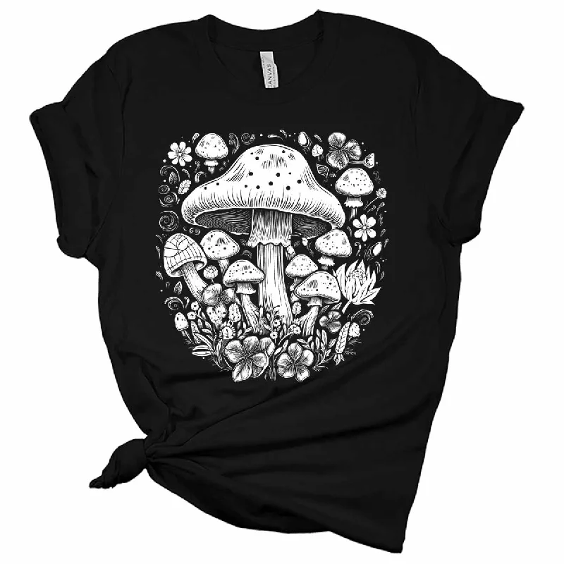 Aesthetic Mushroom Collage White Women's Graphic Tee Basic T-Shirt Crew Neck Short Sleeve