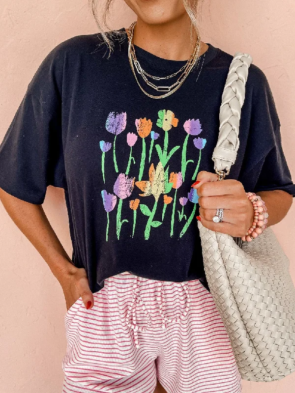 Floral Charm Black Crewneck Graphic Tee Satin Fabric Silk Fabric Chiffon Fabric