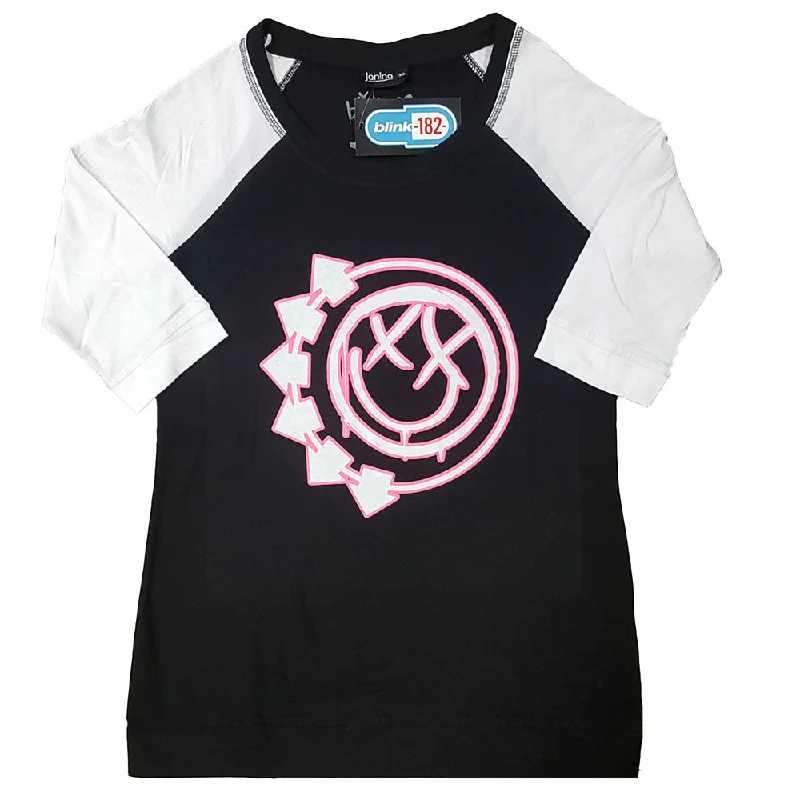 Blink-182 Ladies Raglan T-Shirt: Six Arrow Smile Faux Fur Fabric Real Fur Fabric Shearling Fabric