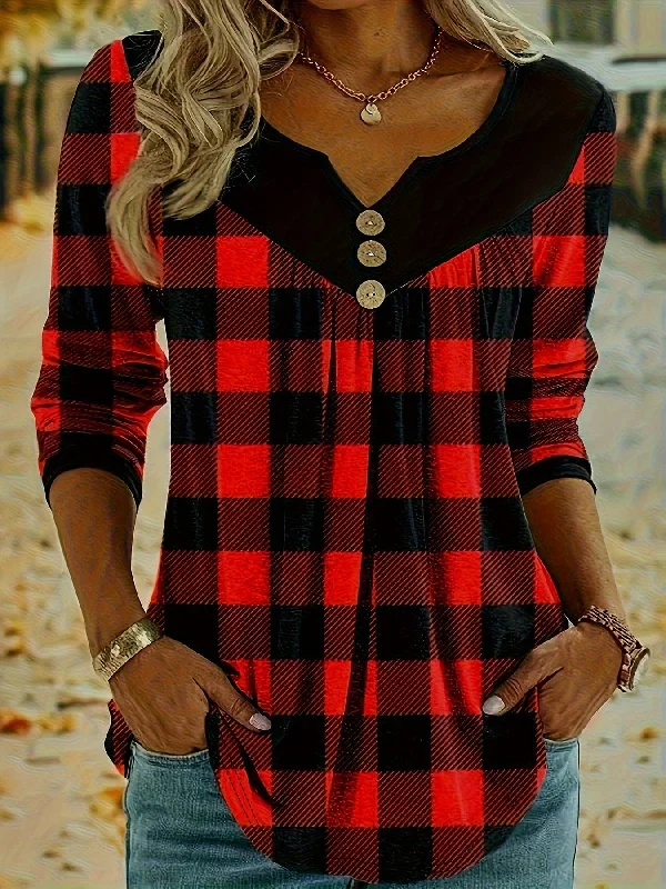 Casual Plaid Print Notch Neck Long Sleeve Button T-Shirt Welt Pockets Slit Pockets