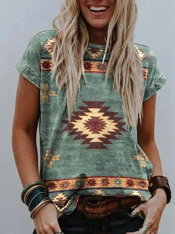 Retro Print Round Neck Casual Short Sleeve Tee Cozy Warm Stylish