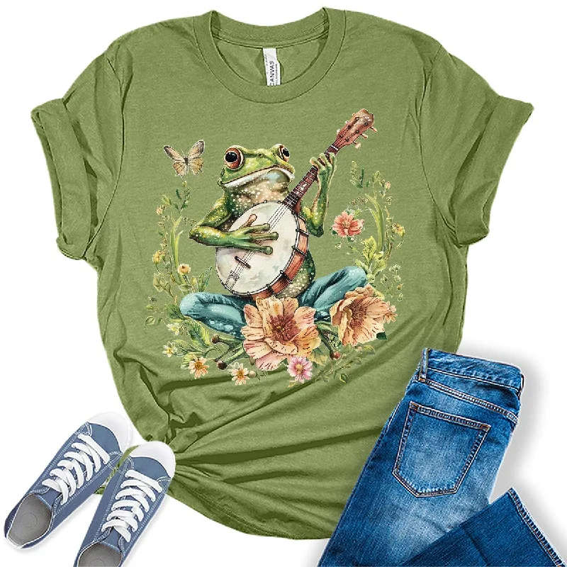 Cottagecore Aesthetic Frog With Banjo Womens Graphic Tees Denim Fabric Leather Fabric Suede Fabric