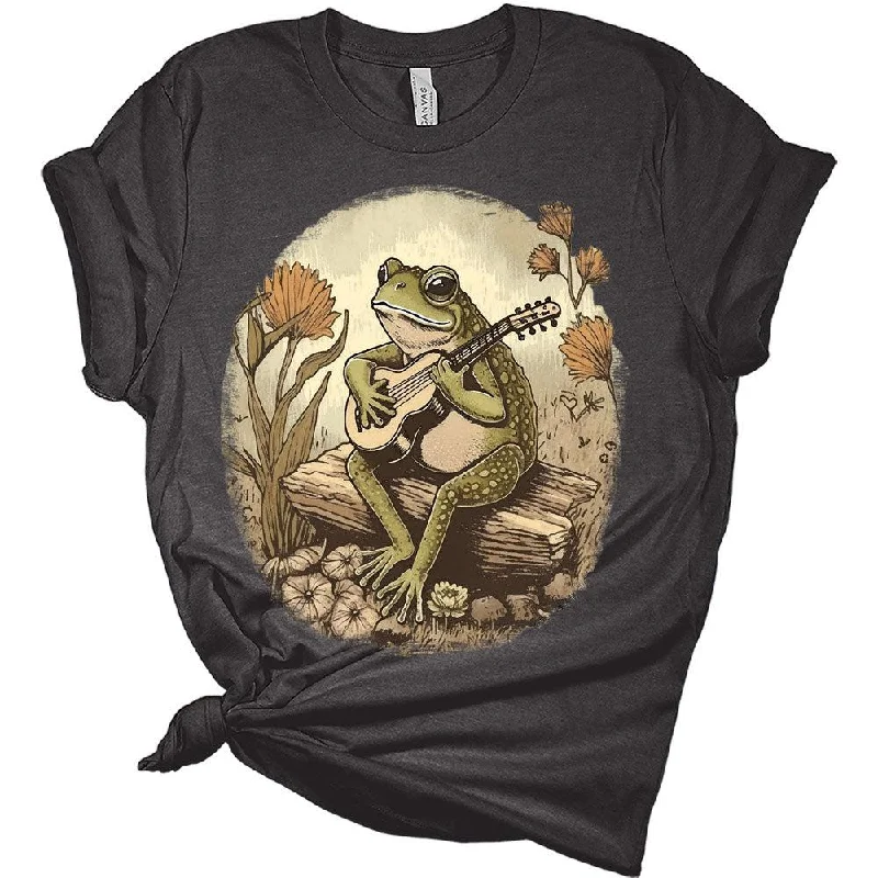 Womens Frog Shirt Cute Frog Playing Guitar Cottagecore T-Shirt Casual Graphic Tee Short Sleeve Top Polka Dot Checkered Tartan