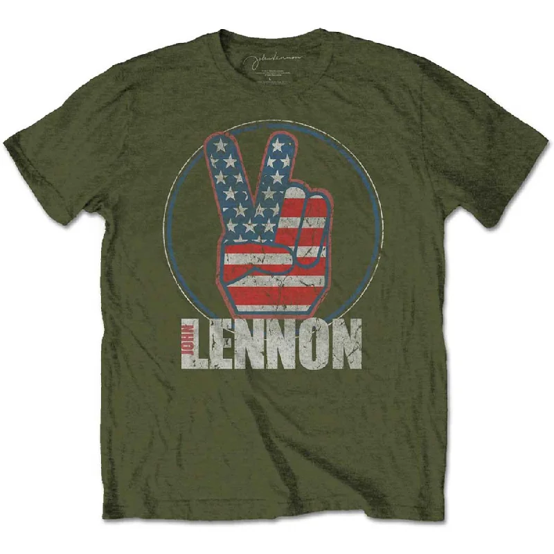 John Lennon | Official Band T-Shirt | Peace Fingers US Flag Collared Crew Neck Turtle Neck