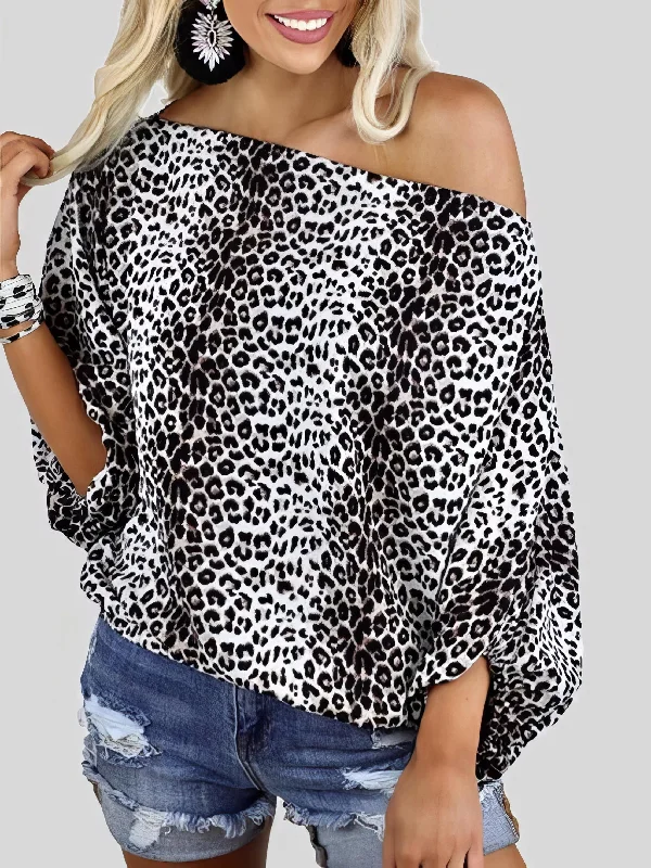 Leopard Print Oblique Collar Off Shoulder Long Sleeve Casual T-Shirt Satin Fabric Silk Fabric Chiffon Fabric Leopard Print Oblique Collar Off Shoulder Long Sleeve Casual T-Shirt Satin Fabric Silk Fabric Chiffon Fabric
