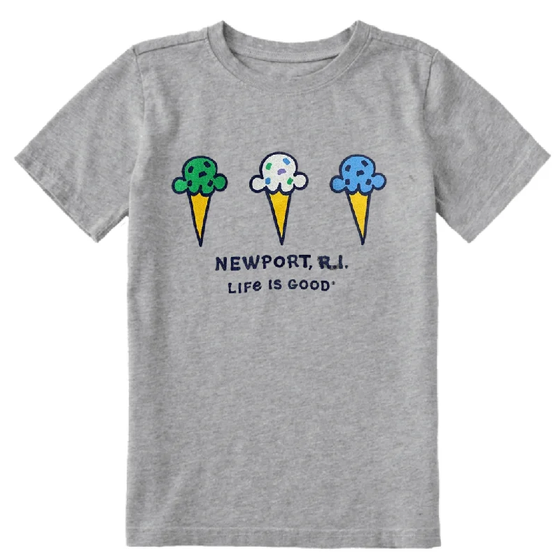 Life is Good. Kid's Ice Cream Cones Newport RI Crusher Tee, Heather Gray Fleece Fabric Down Fabric Feather Fabric