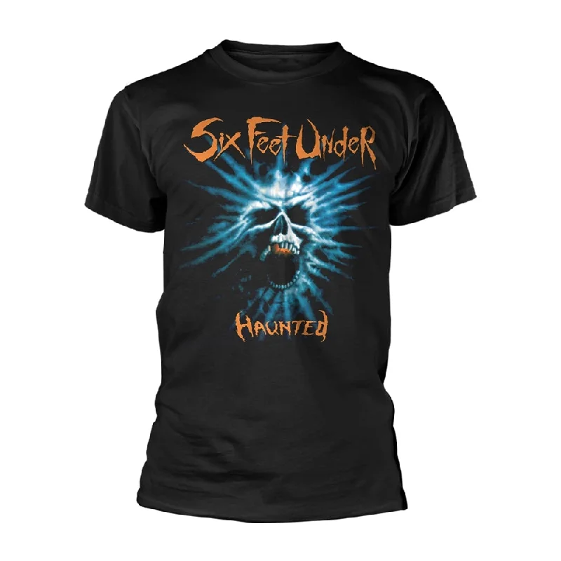 Six Feet Under Unisex T-shirt: Haunted (back print) Mesh Blend Leather Blend Suede Blend Six Feet Under Unisex T-shirt: Haunted (back print) Mesh Blend Leather Blend Suede Blend